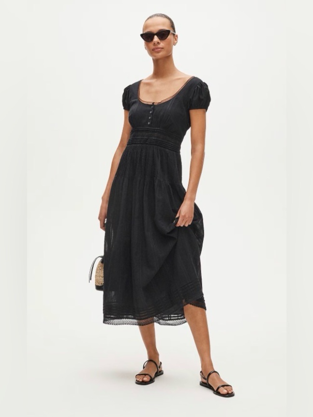 J. Crew lace-trim pintuck midi dress in cotton dobby in black Summer 2026